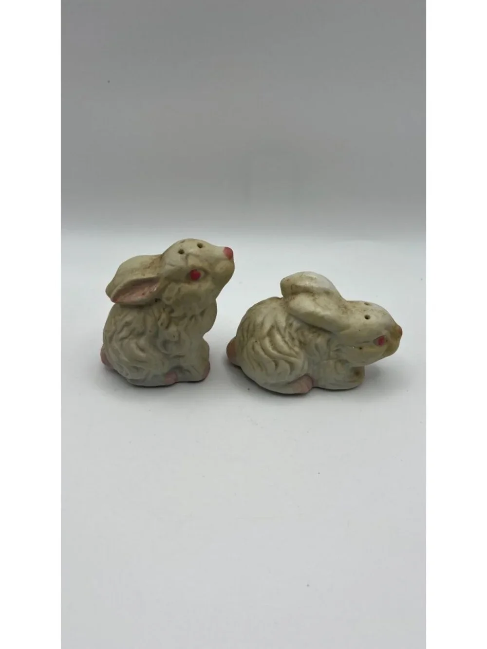 Vintage Ceramic Bunny Rabbit Salt & Pepper Shakers With Pink Accents - Collectib